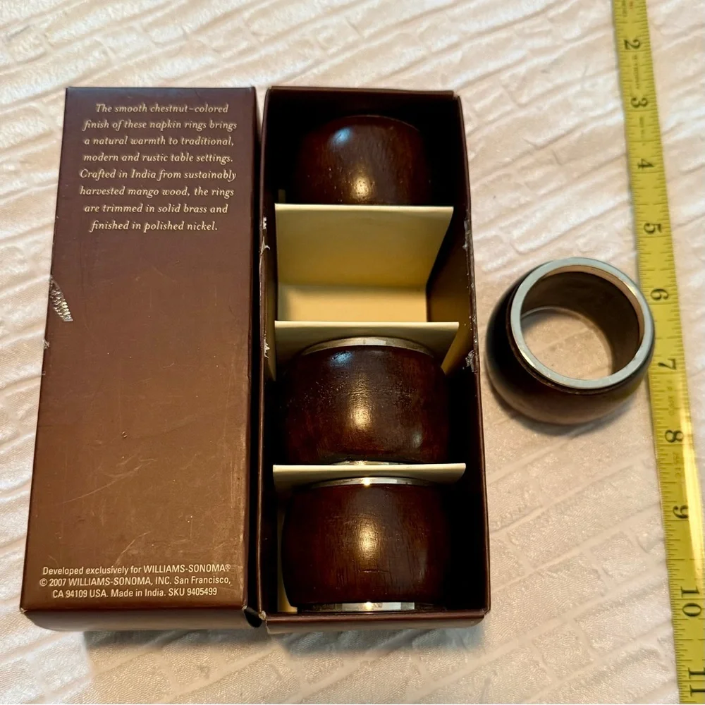 🍴 Lot 8 mango wood Williams-Sonoma Napkin Rings holders Brass Nickel NWT NIB WS